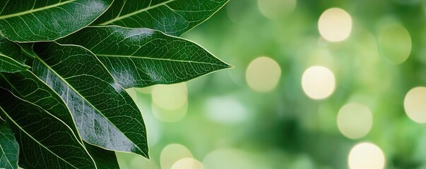 Obraz premium Laurel leaves abstract background idea. Close-up of vibrant green leaves with a blurred background of soft bokeh lights.