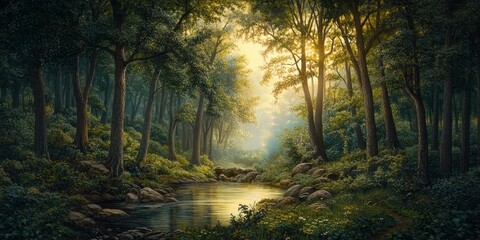 Obraz premium Scenic landscape in the morning showcases the beauty of nature within a lush forest, capturing the essence of a tranquil forest landscape at dawn. Enjoy the peacefulness of this stunning landscape.