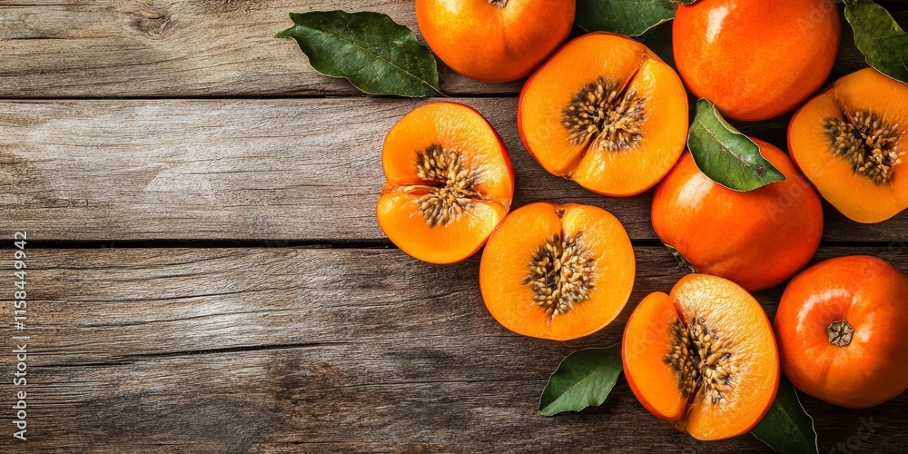 Poster whole and sliced persimmons displayed on a rustic wooden background highlight the freshness of organ