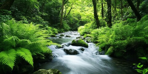 Obraz premium Rushing stream water flows serenely through a lush forest, showcasing the beauty of clear stream water surrounded by vibrant greenery and natural tranquility. Embrace the essence of clear stream