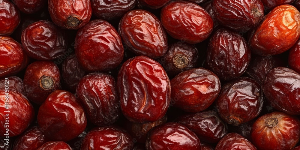 Leinwandbilder Close up of dried jujube, showcasing the rich texture and color of these red dates. This image highlights the unique features of jujube, perfect for adding depth to any food related project.
