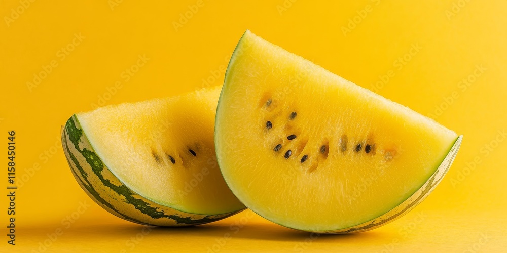Poster a yellow background showcases half of a yellow watermelon, emphasizing the vibrant color of both the