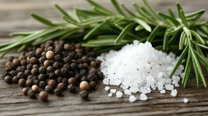 Rosemary, black pepper, and salt arranged on a wooden table create an appealing composition. This image showcases rosemary, black pepper, and salt with a selective focus for added depth.