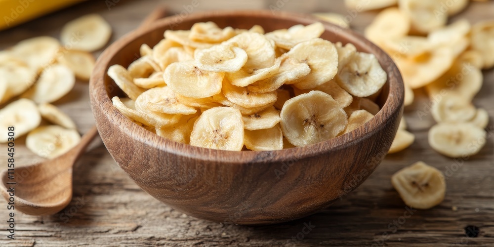 Poster dried banana chips are arranged in a wooden bowl accompanied by a serving spoon, set against a backg