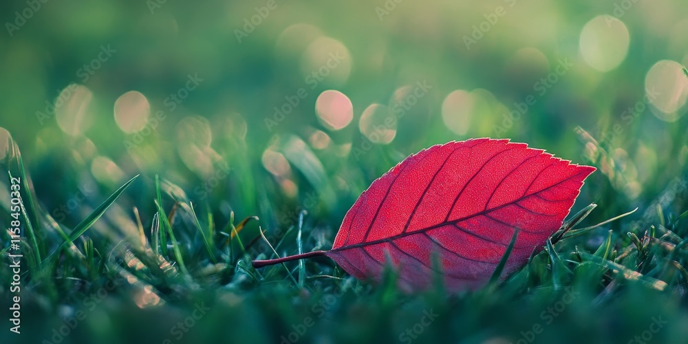 Aufkleber close up of a red leaf resting on grass, showcasing the vivid color and texture of the red leaf agai
