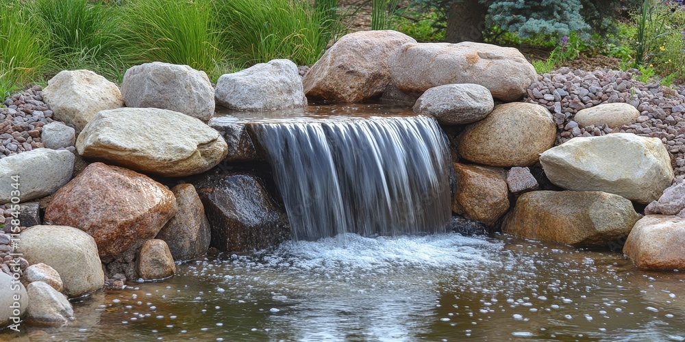 Poster a petite waterfall pours down into a pond that is bordered by various rocks, creating a picturesque 