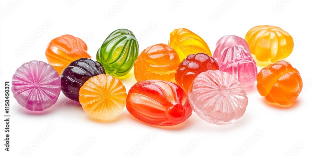 Poster vibrant and sweet hard fruit candy displayed as a colorful group on a white background, showcasing t