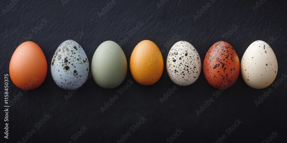 Poster fifteen assorted eggs arranged on a dark background create a striking visual. this composition of eg