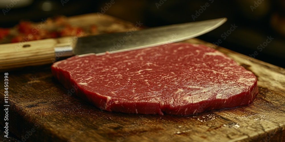 Aufkleber Raw uncooked beefsteaks displayed on a butcher s knife highlight the freshness and quality of raw uncooked beefsteaks, ideal for culinary presentations and appetizing visuals.