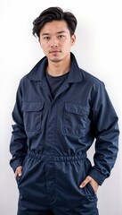 Naklejka premium Asian man in navy workwear on white background. For industrial facilities, production lines, technical maintenance, quality control, manufacturing plants, warehouse operations.