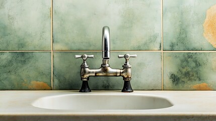 Vintage Bathroom Sink Faucet Against Aged Green Tiles AI Generated