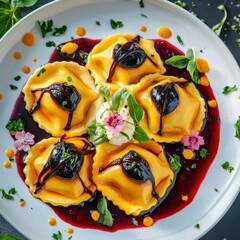 Gourmet ravioli with black garlic and ricotta culinary showcase restaurant setting close-up presentation