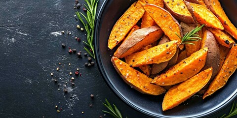 Delicious portion of fresh baked sweet potato wedges ideal for a healthy snack. Enjoy these crispy sweet potato wedges packed with flavor and nutrition for any meal or gathering.