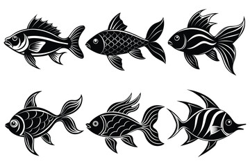 Set of Bold High-Contrast Sea Fish Silhouettes with Detailed Vector Illustration