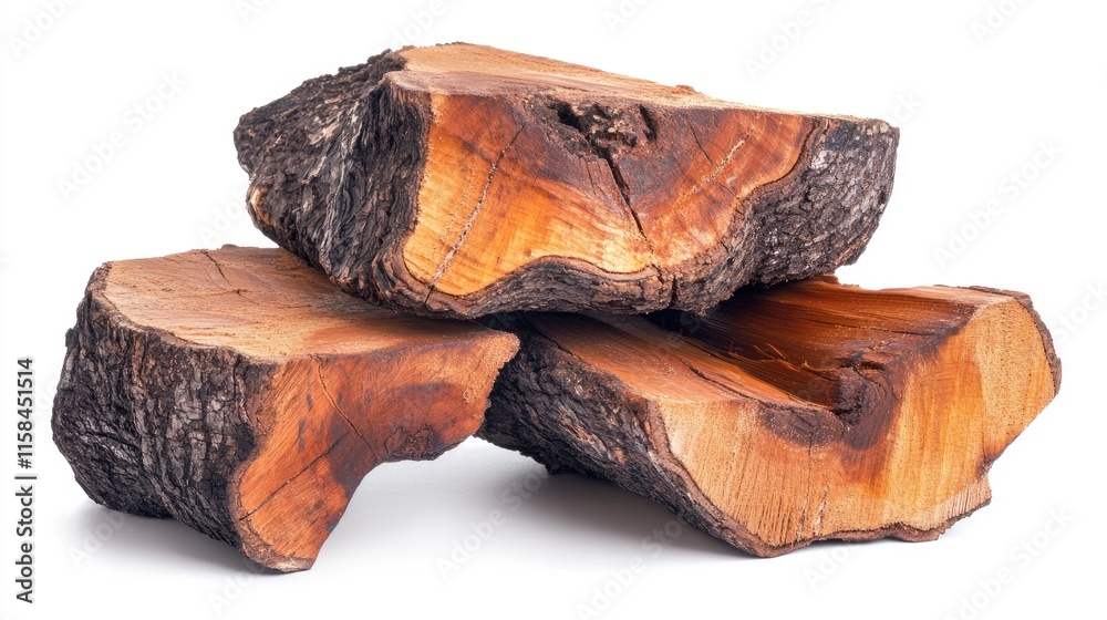 Poster A close-up of a rustic stack of firewood logs, focusing on the unique shapes and textures of the wood, isolated on a crisp white backdrop