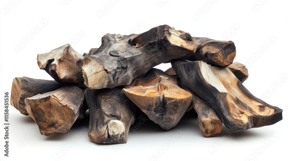 Poster A close-up of a rustic stack of firewood logs, focusing on the unique shapes and textures of the wood, isolated on a crisp white backdrop