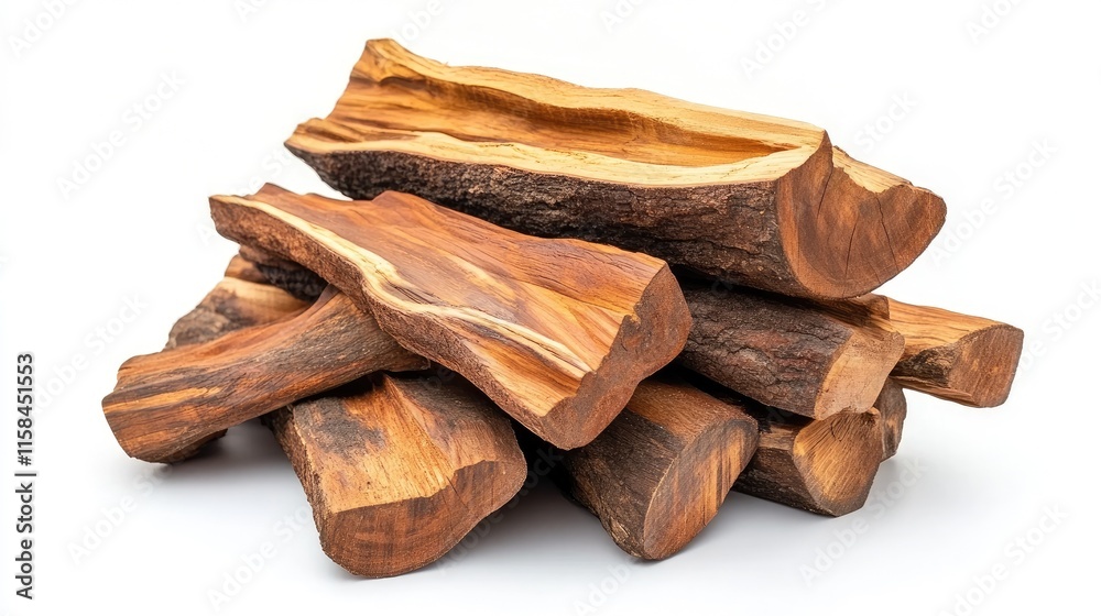Poster A close-up of a rustic stack of firewood logs, focusing on the unique shapes and textures of the wood, isolated on a crisp white backdrop