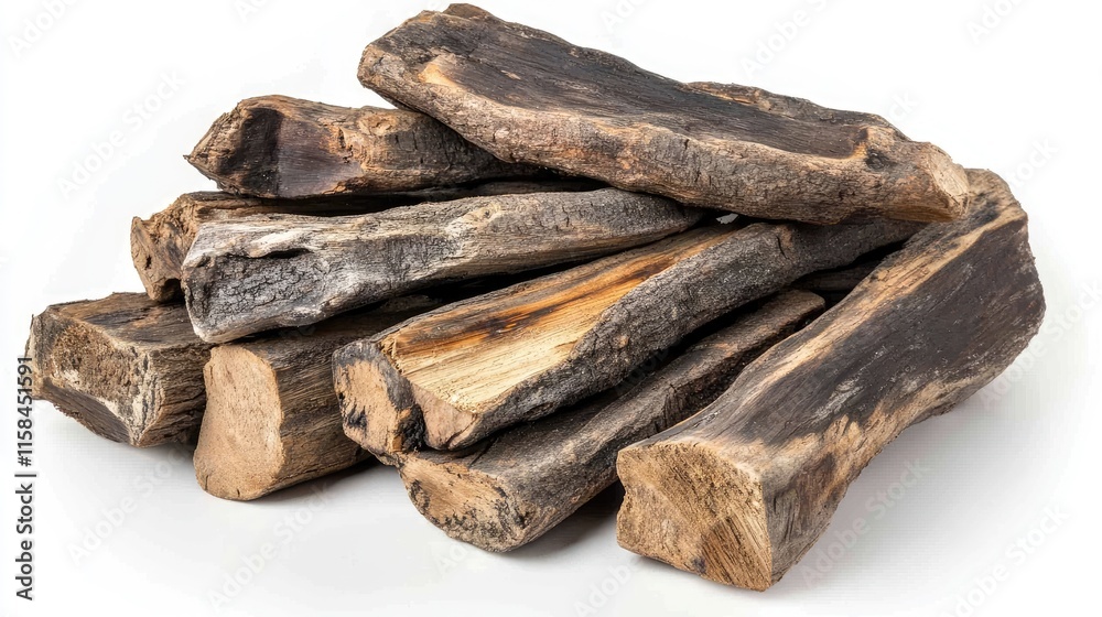 Aufkleber A close-up of a rustic stack of firewood logs, focusing on the unique shapes and textures of the wood, isolated on a crisp white backdrop