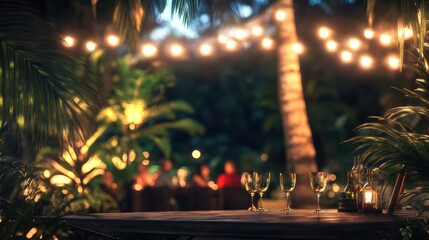 Evening gathering with friends tropical garden outdoor celebration nighttime festive atmosphere