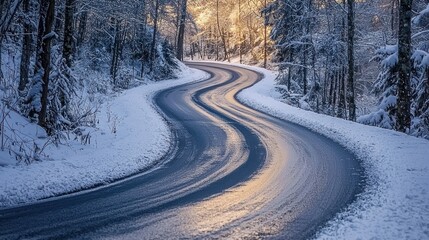 Obraz premium A winding road through a snowy forest, reflecting warm light from the sunrise.