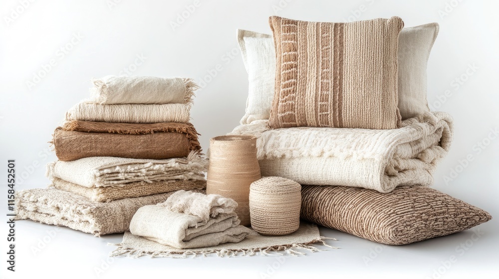 Poster a collection of handcrafted textiles in warm, natural hues, elegantly displayed on a white backgroun