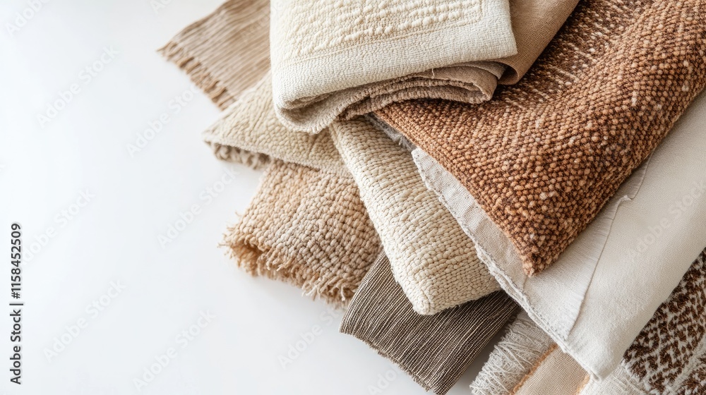 Poster a collection of handcrafted textiles in warm, natural hues, elegantly displayed on a white backgroun