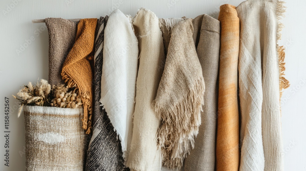 Poster a collection of handcrafted textiles in warm, natural hues, elegantly displayed on a white backgroun