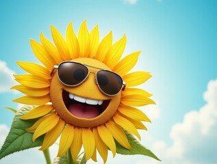 Smiling sunflower with sunglasses under a clear blue sky on a sunny day