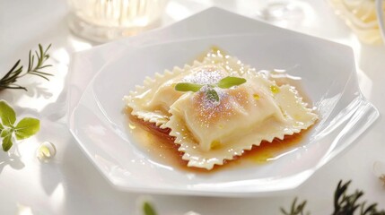Elegant ravioli garnished with edible glitter gourmet dish fine dining indoor setting aesthetic presentation