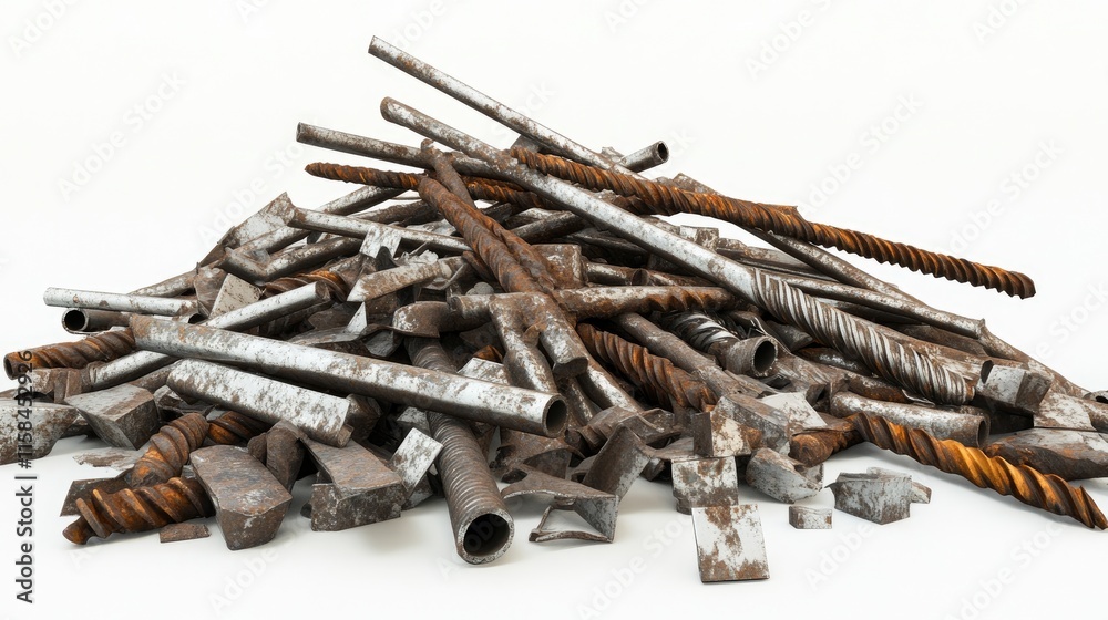 Poster a collection of twisted rods and jagged metal pieces in a heap, with detailed textures, isolated on 