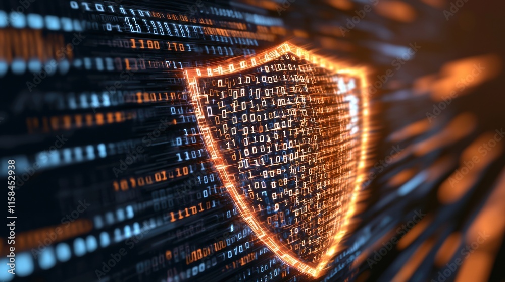 Poster cybersecurity visualization binary codes merging into shield design digital space graphic art abstra