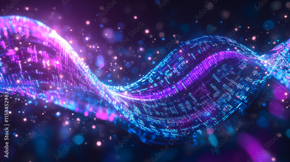 Wall mural ai colorful and neon light purple and blue wave on circle digital and technology background with com