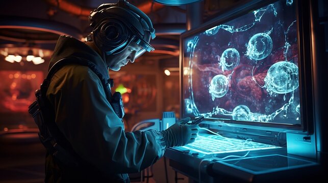 A researcher carefully analyzing and inspecting advanced alien technology inside a highly classified futuristic laboratory facility