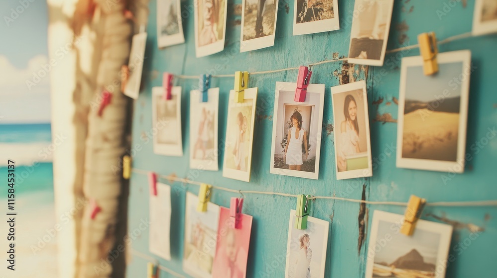 Poster A creative display of photos hanging on a string, with colorful clothespins adding charm, showcasing memories in a fun and casual way