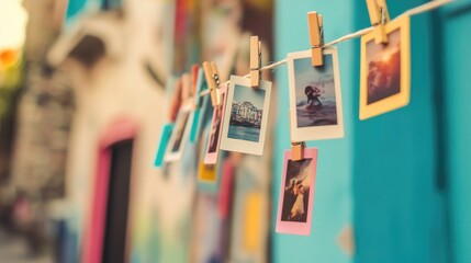 Obraz premium A creative display of photos hanging on a string, with colorful clothespins adding charm, showcasing memories in a fun and casual way