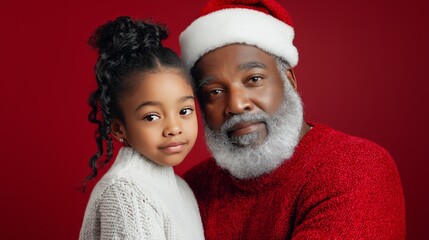Fototapeta premium A little girl and her grandfather embrace warmly, both dressed in cozy festive outfits against a vibrant red backdrop, capturing the essence of love and joy during the holiday season.