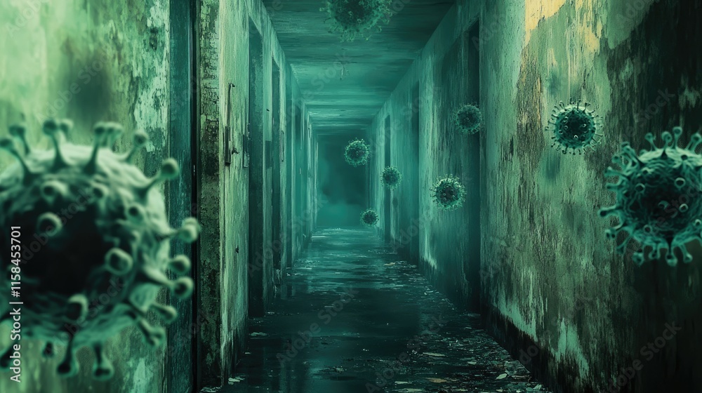 Poster a dark, eerie hallway overrun with mold and bacteria, with floating viral particles hinting at the d