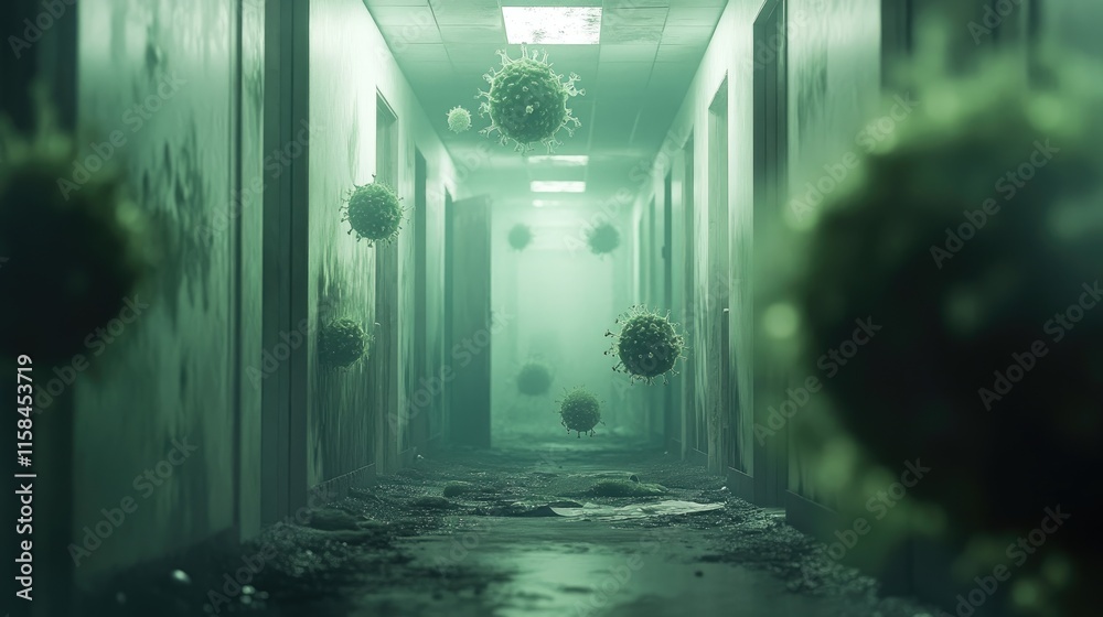 Poster a dark, eerie hallway overrun with mold and bacteria, with floating viral particles hinting at the d