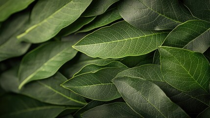 Laurel leaves abstract background idea. A close-up of lush, vibrant green leaves stacked beautifully together.