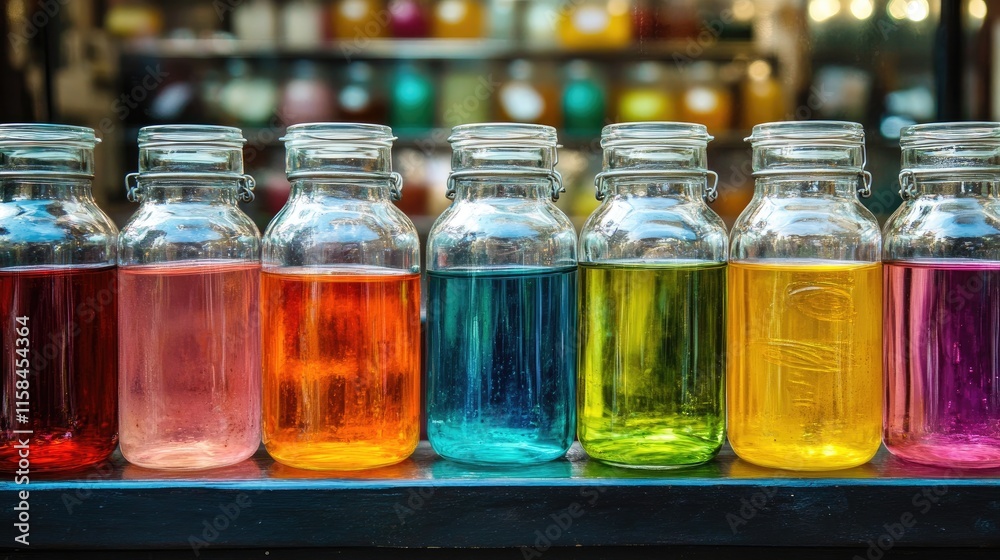 Poster A display of glass jars filled with vibrant, colored liquids, showcasing the different textures and hues in a visually appealing row