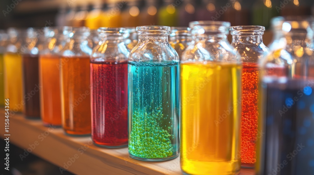 Aufkleber a display of glass jars filled with vibrant, colored liquids, showcasing the different textures and 