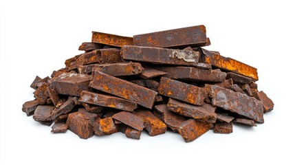 A detailed view of rusty and corroded metal pieces, positioned in piles with visible weathering, isolated on a pure white background to accentuate the decay