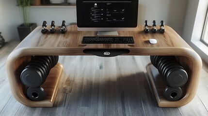 Functional desk with dumbbells and space to add your unique decor items