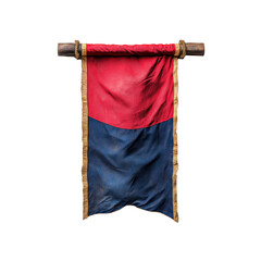 Medieval Red and Blue Banner Hanging on Wooden Pole -  Vintage Fabric Texture