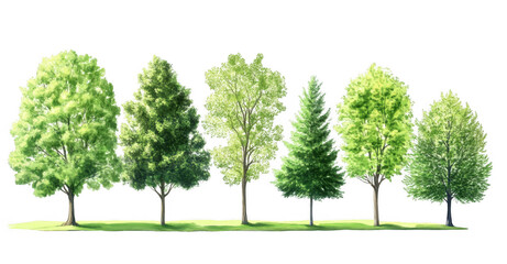 Obraz premium row of six different types of trees, each with lush green foliage, is depicted in studio lit, hyper realistic style. trees vary in shape and size, showcasing diverse leaf patterns and textures
