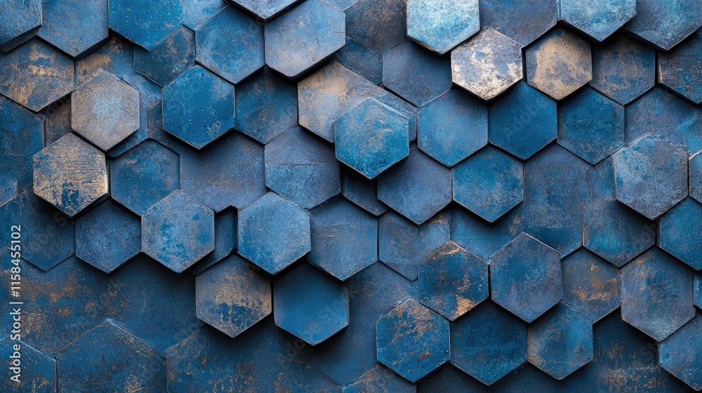 Poster A dynamic pattern of stacked blue hexagons forms a visually intriguing texture, creating depth and contrast