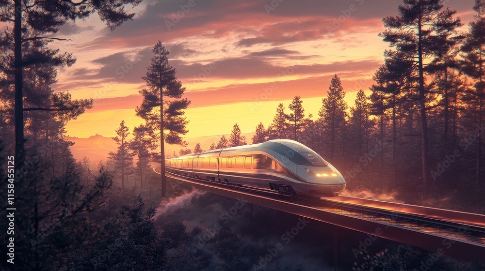 Poster a fast-moving high-speed train passing through the forest with a sunset sky, blending nature and cut