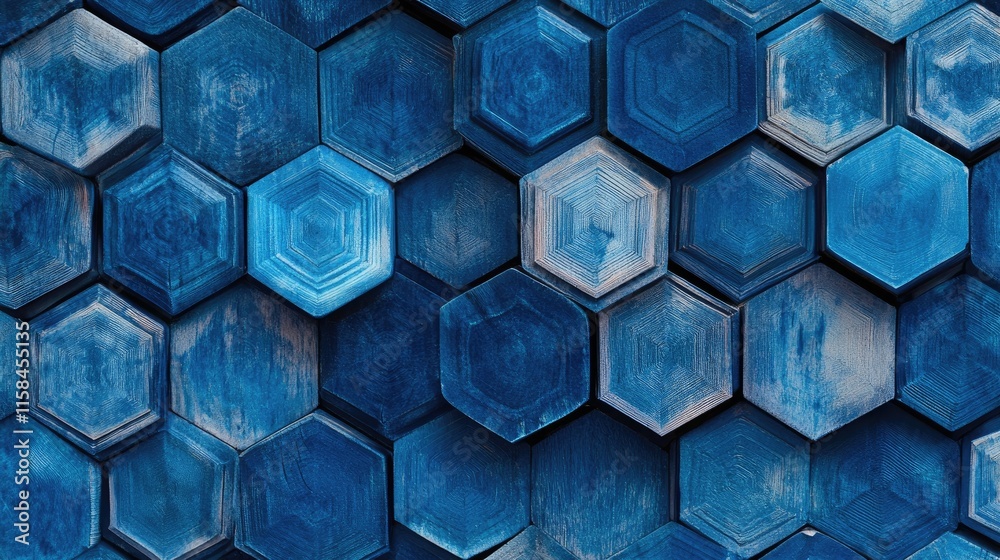 Poster A dynamic pattern of stacked blue hexagons forms a visually intriguing texture, creating depth and contrast