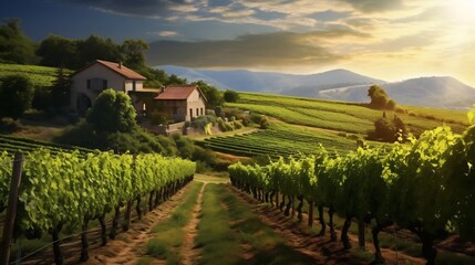 Fototapeta premium Stunning landscape of a lush vineyard with rows of grapevines and a small rustic cottage nestled in the rolling hills of the countryside A serene and picturesque pastoral scene