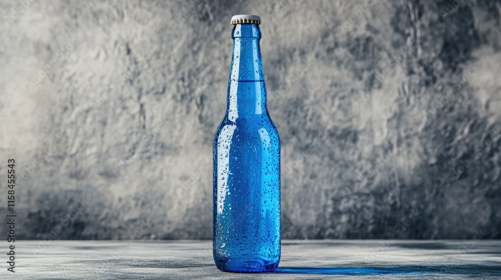 Poster a glossy blue beer bottle with a blank label, isolated against a grey background, perfect for showca